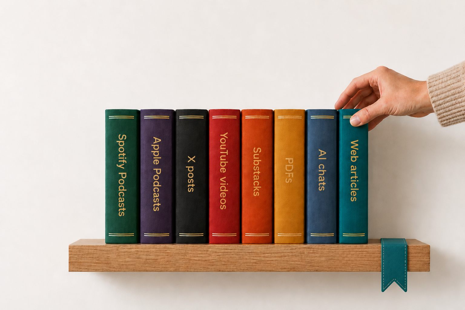 A wooden shelf of colored book spines labeled Spotify Podcasts, Apple Podcasts, X posts, YouTube videos, Substacks, PDFs, AI chats and Web articles, with a hand placing a teal bookmark.
